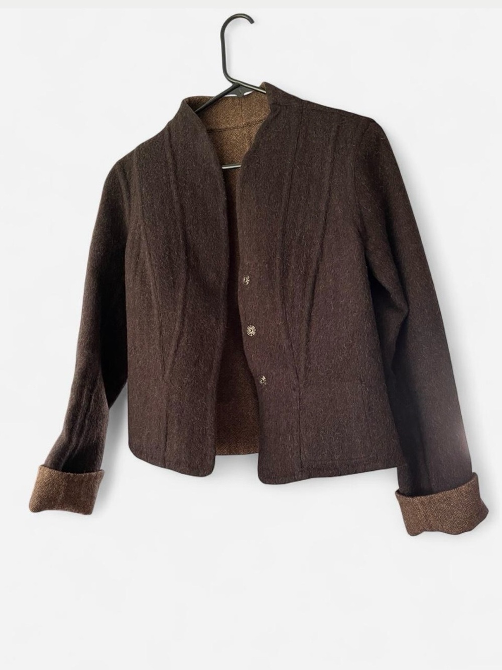 Peruvian Connection Brown Collarless Wool Button Jacket